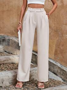EURMUSE Solid High Waist Plicated Detail Suit Trousers - Apricot - View 1