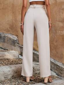 EURMUSE Solid High Waist Plicated Detail Suit Trousers - Apricot - View 4