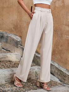 EURMUSE Solid High Waist Plicated Detail Suit Trousers - Apricot - View 5