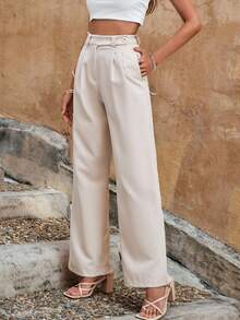 EURMUSE Solid High Waist Plicated Detail Suit Trousers - Apricot - View 3