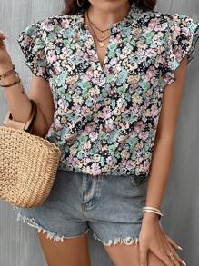 SHEIN VCAY Plus Allover Floral Print Notched Neckline Butterfly Sleeve Blouse - Purple - View 5