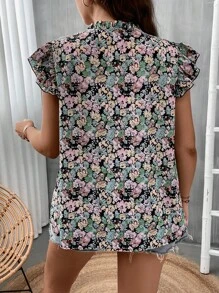 SHEIN VCAY Plus Allover Floral Print Notched Neckline Butterfly Sleeve Blouse - Purple - View 2