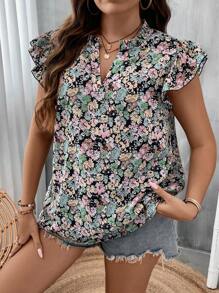 SHEIN VCAY Plus Allover Floral Print Notched Neckline Butterfly Sleeve Blouse - Purple - View 3