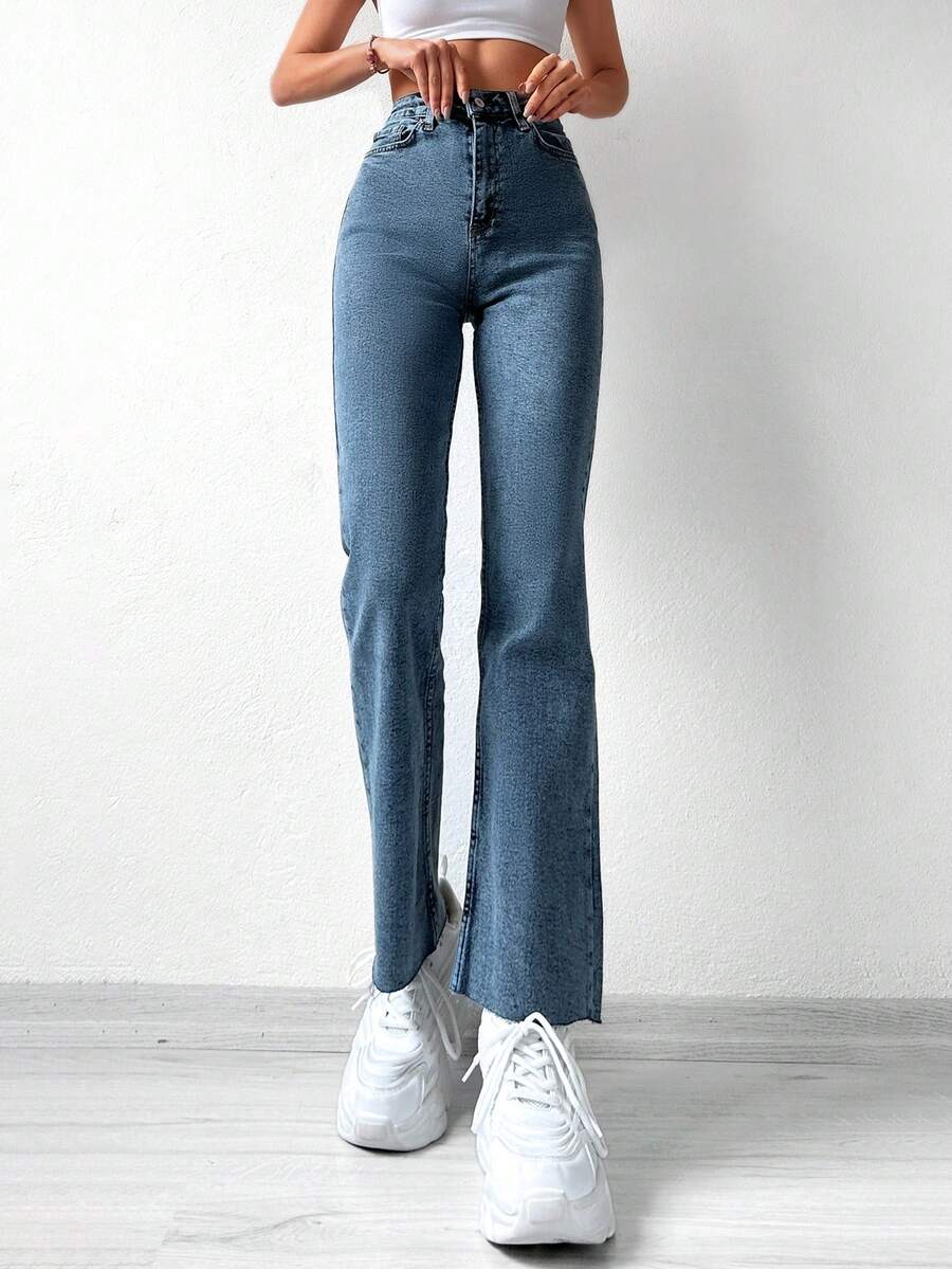 EURMUSE Raw Hem Flare Leg Jeans - Medium Wash - View 1