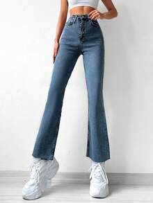 EURMUSE Raw Hem Flare Leg Jeans - Medium Wash - View 3