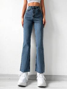 EURMUSE Raw Hem Flare Leg Jeans - Medium Wash - View 5