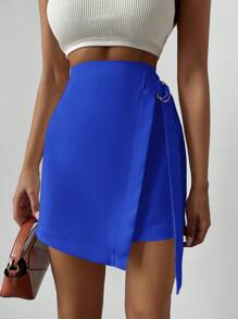 EURMUSE Solid Knot Side Wrap Skirt - Royal Blue - View 1