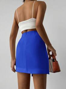 EURMUSE Solid Knot Side Wrap Skirt - Royal Blue - View 2