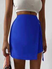 EURMUSE Solid Knot Side Wrap Skirt - Royal Blue - View 4