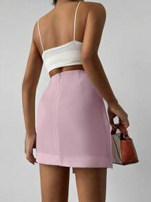 EURMUSE Solid Knot Side Wrap Skirt - Pink - View 2