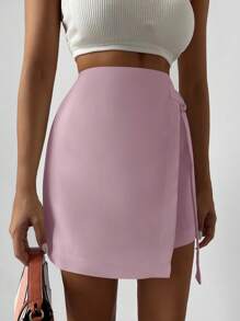 EURMUSE Solid Knot Side Wrap Skirt - Pink - View 3
