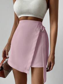 EURMUSE Solid Knot Side Wrap Skirt - Pink - View 4