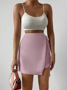EURMUSE Solid Knot Side Wrap Skirt - Pink - View 5