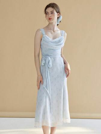 Simple Retro Draped Collar Belted Cami Dress