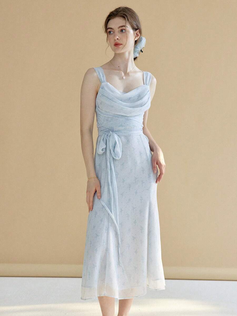 Simple Retro 垂領腰帶吊帶洋裝