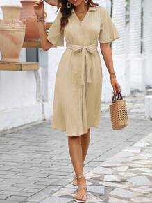 SHEIN Essnce Đầm Thắt lưng Nút phía trước màu trơn Giải trí - Màu be - Xem 4