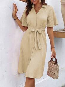 SHEIN Essnce Đầm Thắt lưng Nút phía trước màu trơn Giải trí - Màu be - Xem 5