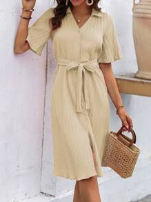 SHEIN Essnce Đầm Thắt lưng Nút phía trước màu trơn Giải trí - Màu be - Xem 6