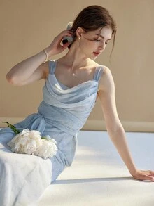 Simple Retro 垂領腰帶吊帶洋裝