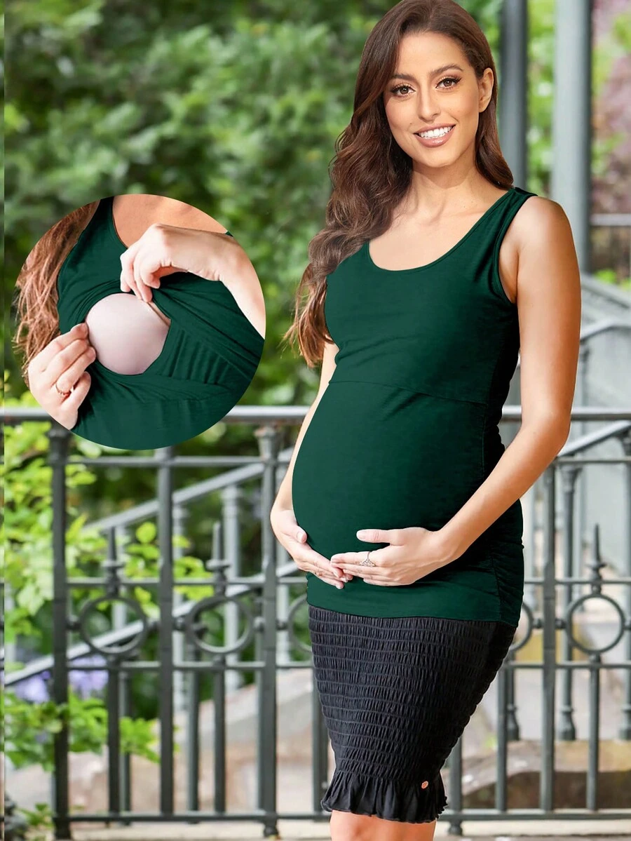 Maternity Solid Nursing Tank Top - Dark Green - View 1