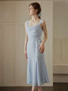 Simple Retro 垂領腰帶吊帶洋裝