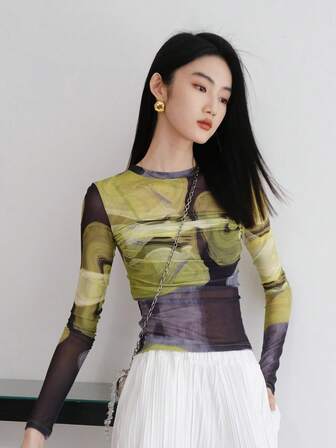 艺术印花紧身弹力网眼长袖上衣