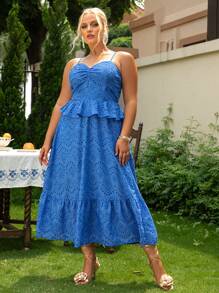 Glamaker 大碼胸部褶皺荷葉邊吊帶連衣裙 - 寶藍色 - 查看 1