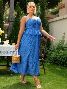 Glamaker 大碼胸部褶皺荷葉邊吊帶連衣裙 - 寶藍色 - 查看 4