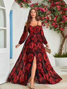 Kleid mit Blume Muster, schulterfrei Schlitz, Chiffon - Verschiedenfarbig - Übersicht 1