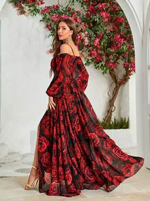 Kleid mit Blume Muster, schulterfrei Schlitz, Chiffon - Verschiedenfarbig - Übersicht 2