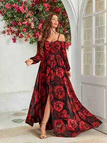 Kleid mit Blume Muster, schulterfrei Schlitz, Chiffon - Verschiedenfarbig - Übersicht 3