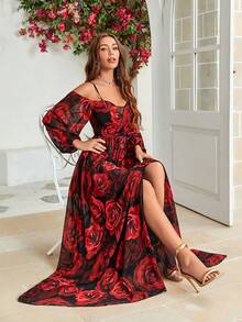 Kleid mit Blume Muster, schulterfrei Schlitz, Chiffon - Verschiedenfarbig - Übersicht 4