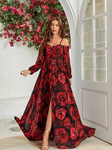Kleid mit Blume Muster, schulterfrei Schlitz, Chiffon - Verschiedenfarbig - Übersicht 5