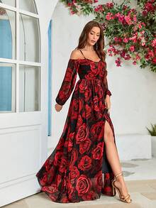 Kleid mit Blume Muster, schulterfrei Schlitz, Chiffon - Verschiedenfarbig - Übersicht 6