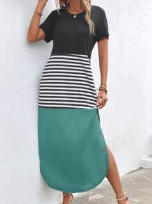 SHEIN LUNE 條紋印花高衩洋裝 - 青碧色 - 查看 4