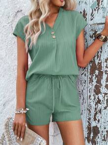 SHEIN VCAY Bộ đồ hai mảnh nữ Nút Thắt nút màu trơn Giải trí - màu xanh lá - Xem 1