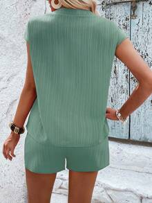 SHEIN VCAY Bộ đồ hai mảnh nữ Nút Thắt nút màu trơn Giải trí - màu xanh lá - Xem 2