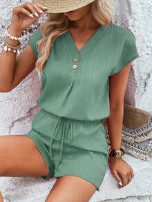 SHEIN VCAY Bộ đồ hai mảnh nữ Nút Thắt nút màu trơn Giải trí - màu xanh lá - Xem 4