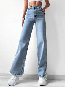 Cottnline Split Hem Straight Leg Jeans - Light Wash - View 1