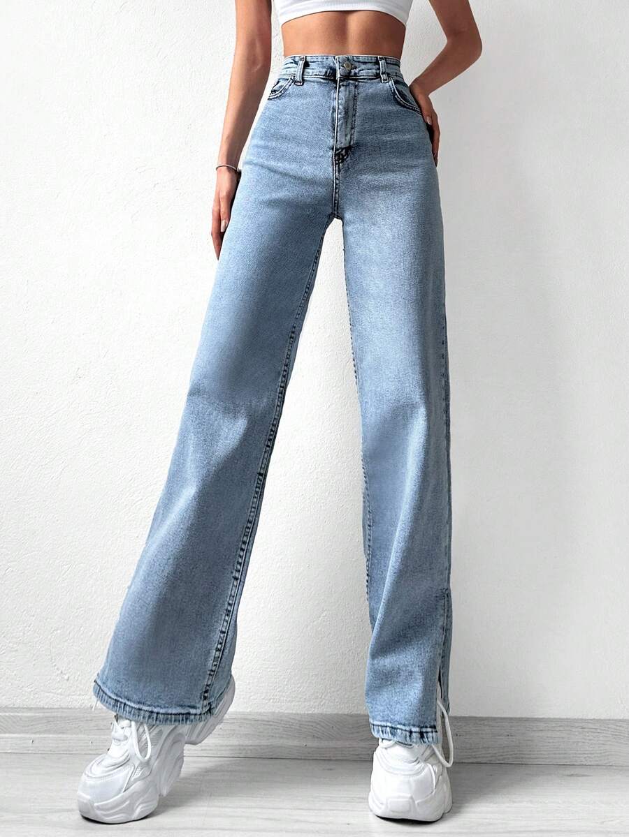 Cottnline Split Hem Straight Leg Jeans - Light Wash - View 1