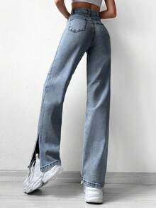 Cottnline Split Hem Straight Leg Jeans - Light Wash - View 2