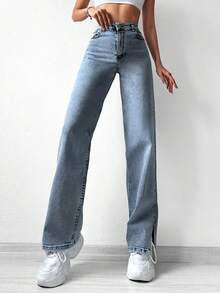 Cottnline Split Hem Straight Leg Jeans - Light Wash - View 5