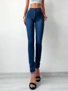 Cottnline Raw Hem Skinny Jeans - Dark Wash - View 1