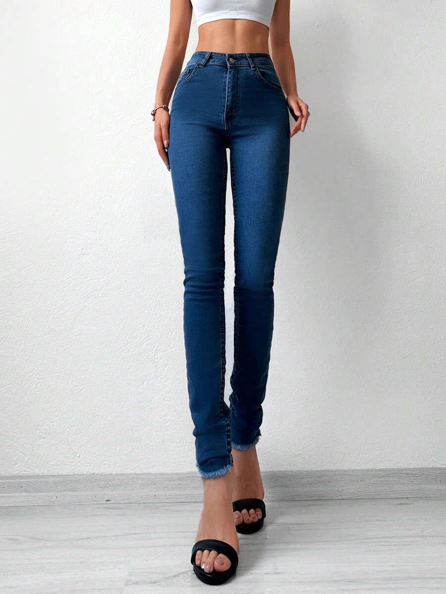 Cottnline Raw Hem Skinny Jeans - Dark Wash - View 1
