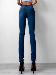 Cottnline Raw Hem Skinny Jeans - Dark Wash - View 2