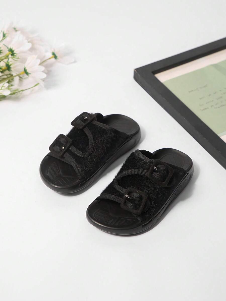 Niños Zapatillas con diseño de hebilla felpa panel - Negro - Ver 1