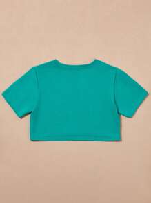 SHE(IN) BRASIL Solid V Neck Crop Tee - Green - View 2