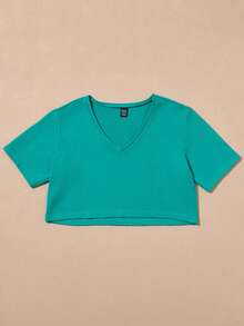 SHE(IN) BRASIL Solid V Neck Crop Tee - Green - View 3