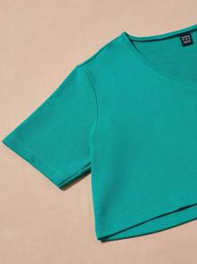 SHE(IN) BRASIL Solid V Neck Crop Tee - Green - View 4