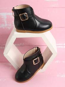 Girls Buckle Decor Back Zipper Boots - Black - View 1